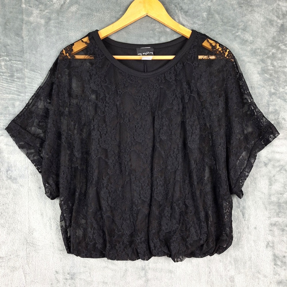 Womens Top Large Black Floral Lace Whimsigoth Cropped Fairy Grunge Bubble Hem